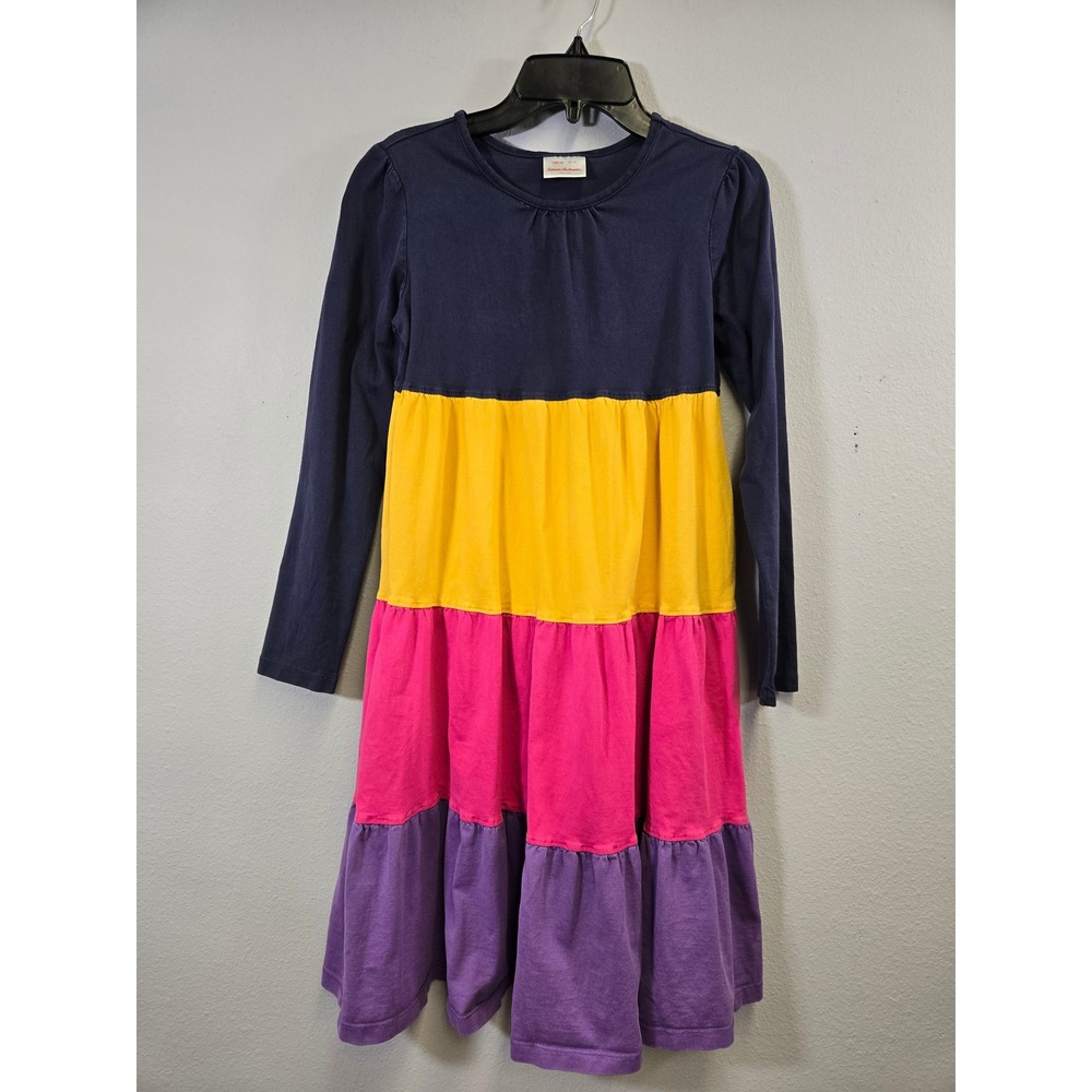 Hanna Andersson Colorblock Tiered Rainbow Long Sleeve Cotton Jersey Dress US 12
